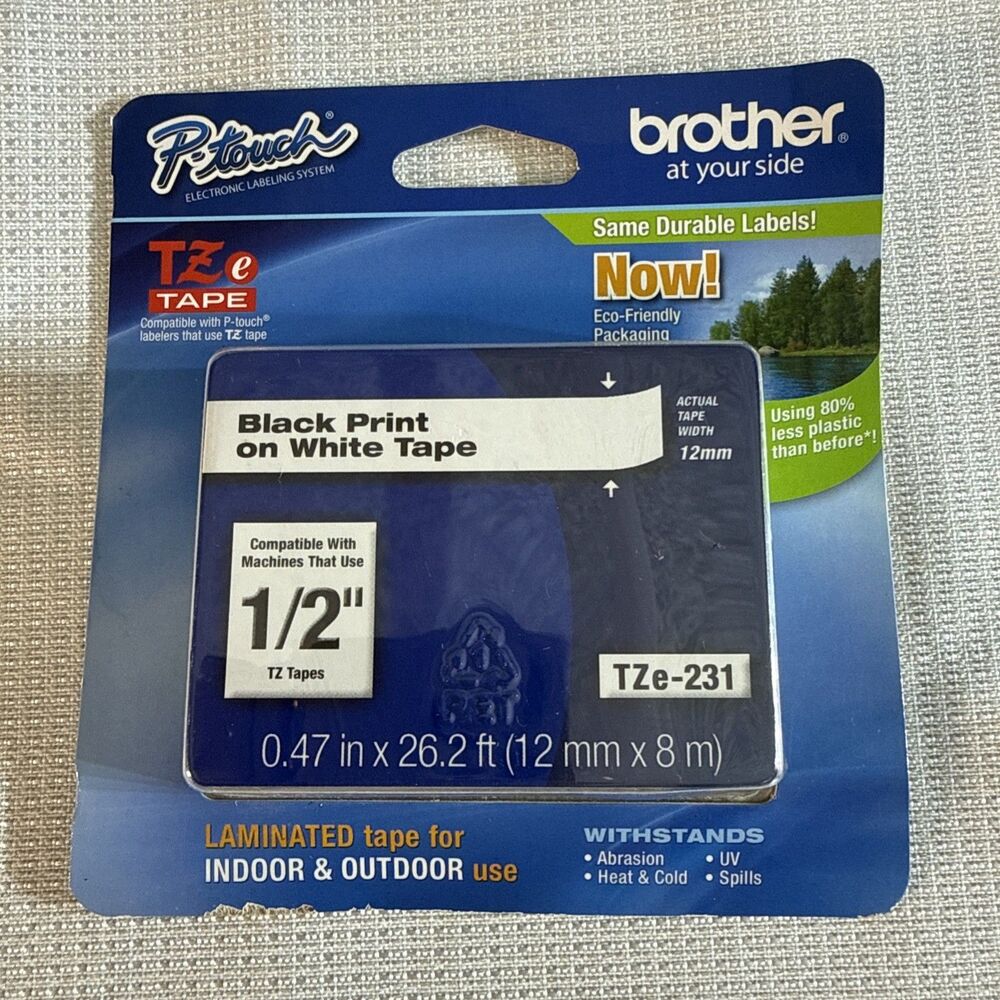 Brother TZe-231 Black Print on White Laminated Tape - P-touch Label Maker - 1/2"
